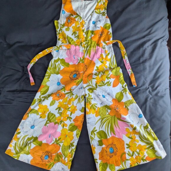 Hand Crafted Pants - Vtg Handmade Mod Floral Print Jumpsuit Romper Wide Leg Size S Orange Pink